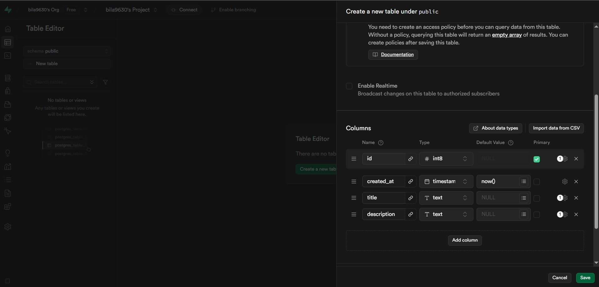 Supabase Dashboard Interface